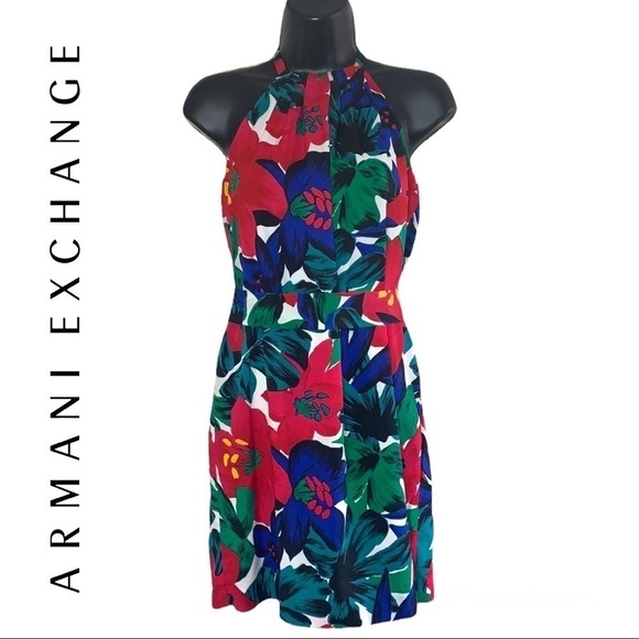 Armani Exchange Floral Print Halter Mini Belted Dress Size 4 - Picture 3 of 16